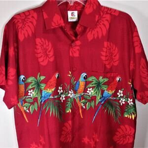 Hawaiian Button Front Shirt Medium Red Tropical Birds Parrots Single Stich